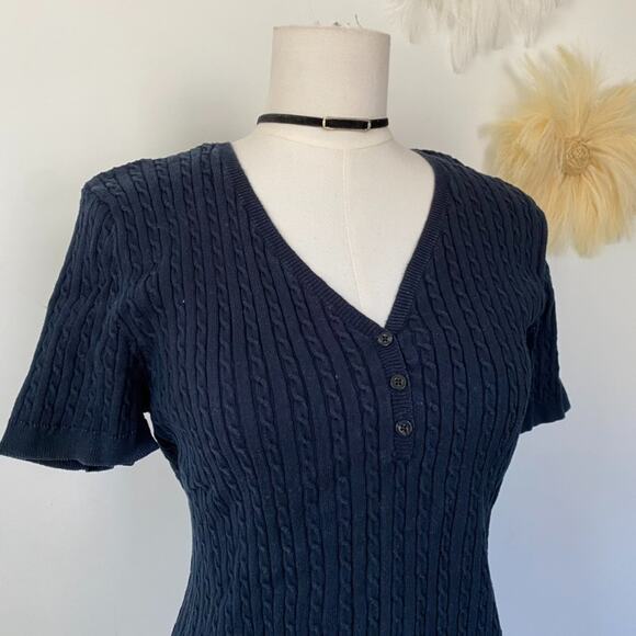 Chaps Womens Y2K Cable Knit Short Sleeve Sweater Size XL Henley Preppy Old Money - Picture 2 of 8